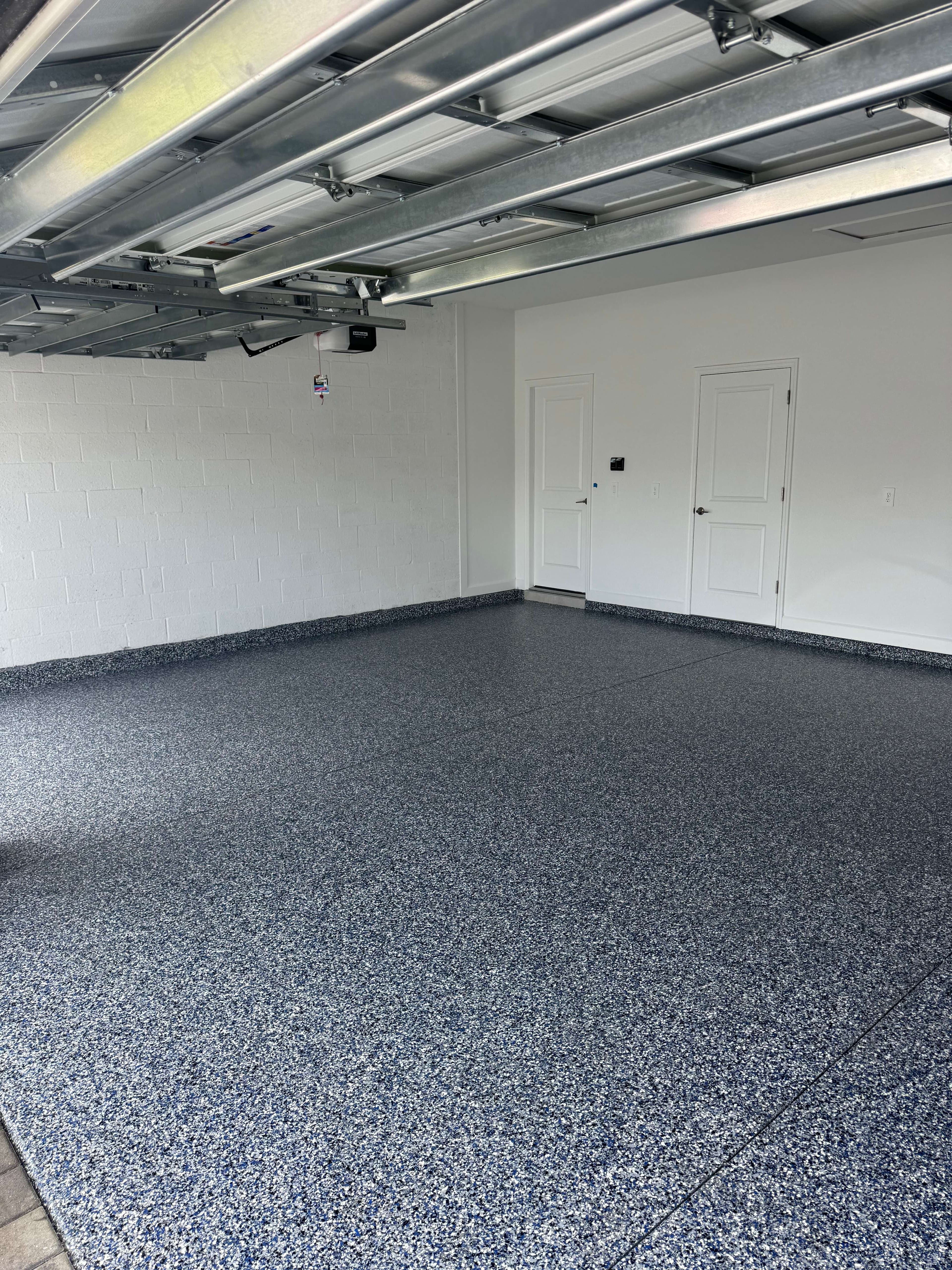 Finished blue flake garage floor coating