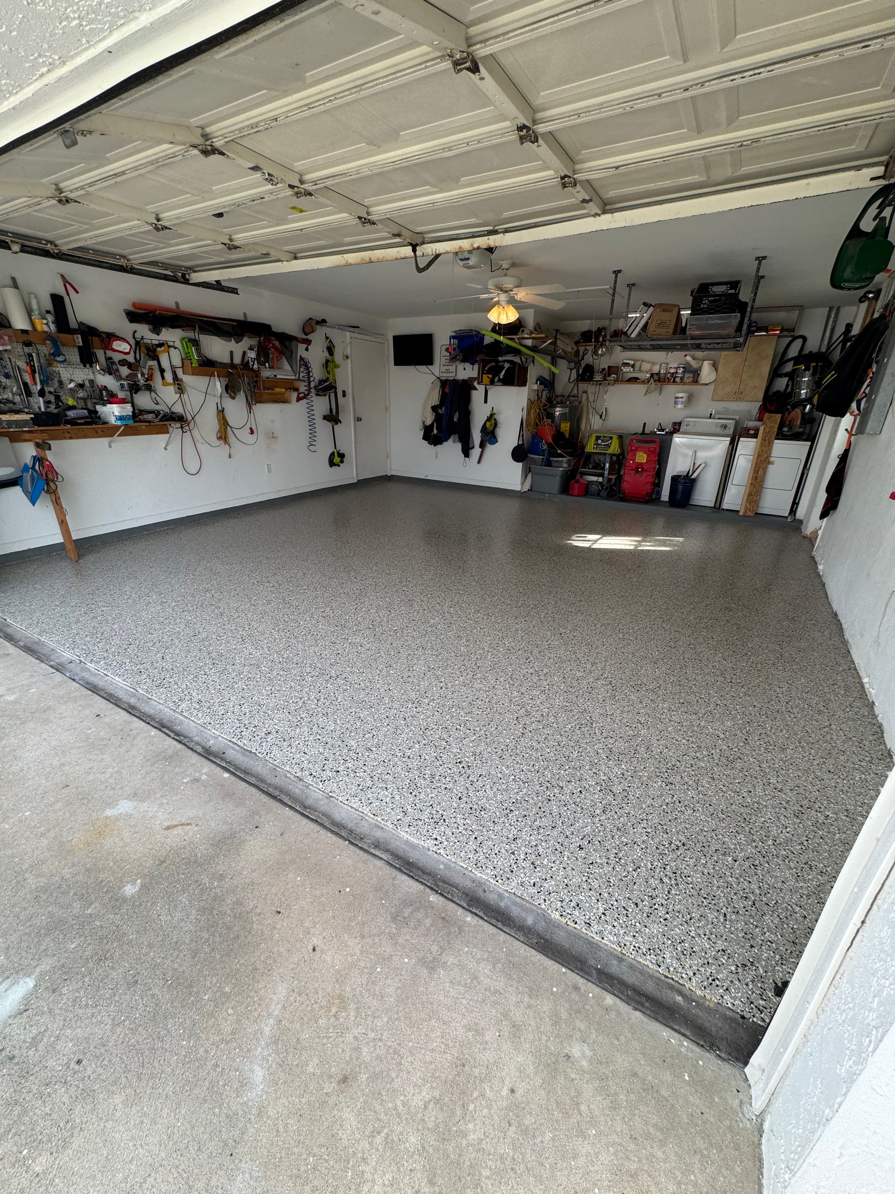 Finished speckled garage floor coating